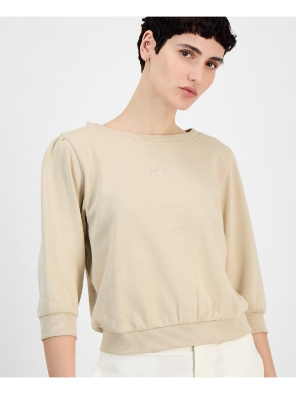 BOSS Orange Women 3/4-sleeves Cotton Back-Cutout Sweatshirt Beige Size XL $98